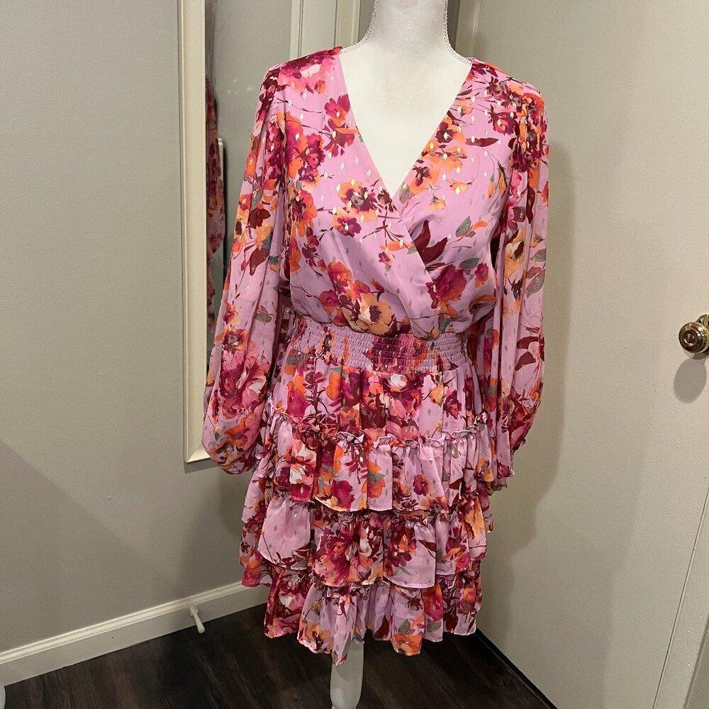 MSK Pink Floral Smocked Waist Tiered Mini Dress, Size Medium - Picture 3 of 16
